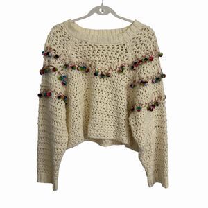 Zara Knit Sweater Small Ivory Wool Blend Crochet Pom Pom Fringe Embellished